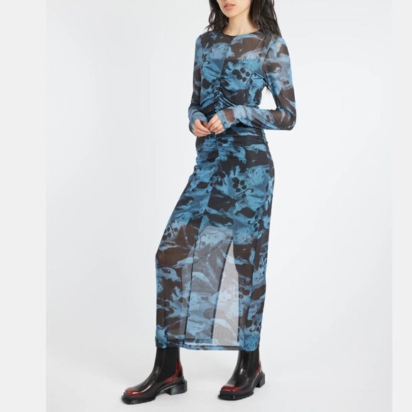 GANNI Blue Printed Mesh O-neck Ruched Long Dress Floral Size 36 - Picture 3 of 14